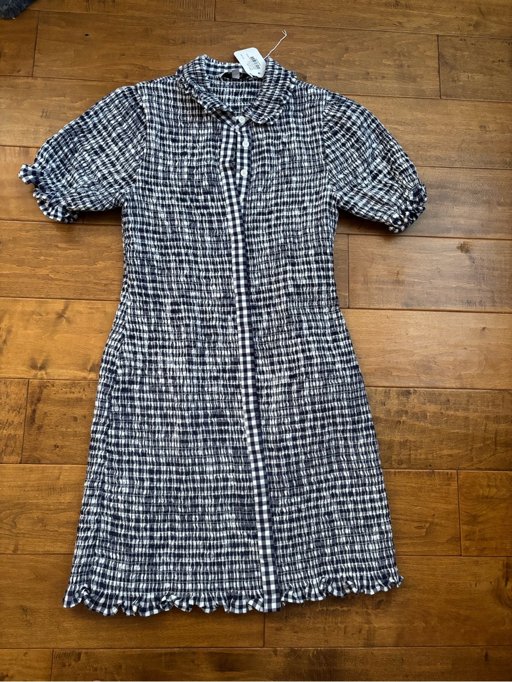 Jason Wu Navy and White Smocked Gingham Dress Size 0 — Has Stretch